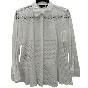 Carlisle Collection White Eyelet Cotton Peplum Button Down Shirt Women's Size 10